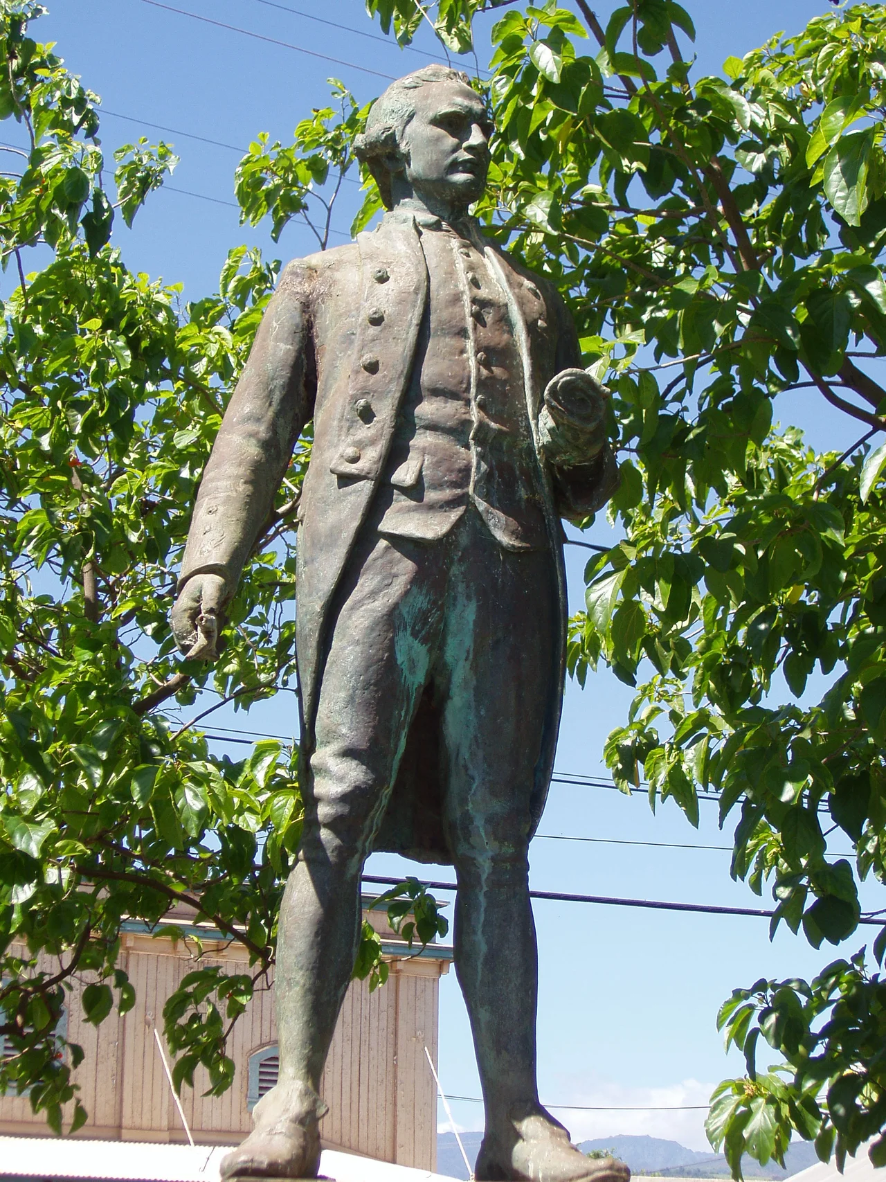 Captain James Cook statue, Waimea, Kauai, Hawaii. According to the legend on its base, this statue is a replica of the original in Whitby, England, made by Sir John Tweed. Captain Cook's dates are 1728-1779. Rosaleen Parker, 2010-01: I've seen this thousands of times and done research.