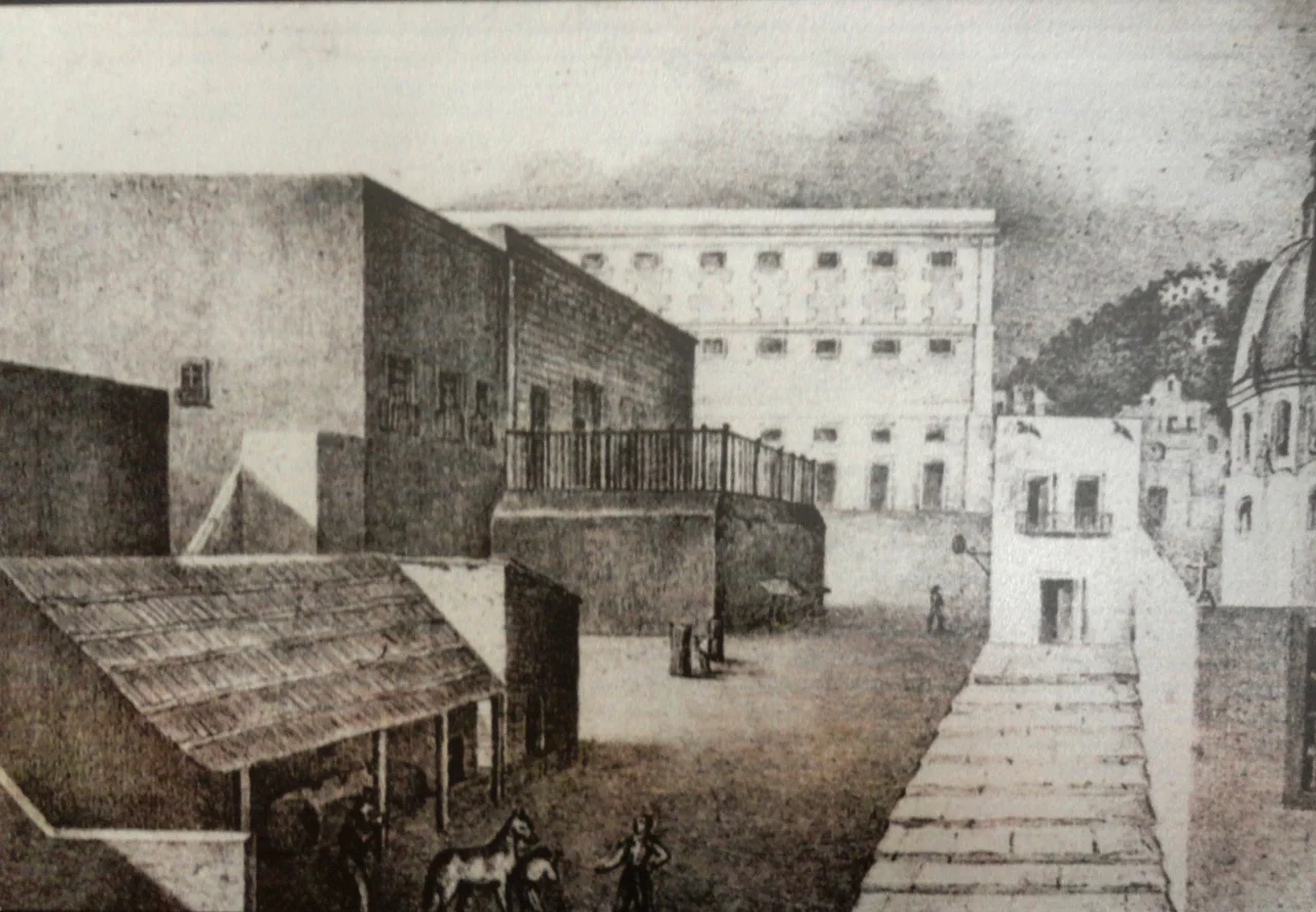 Alhóndiga de Granaditas, grabado del siglo XIX - Ciudad de Guanajuato, México. Actualmente la calle se llama Cuesta de Mendizábal.