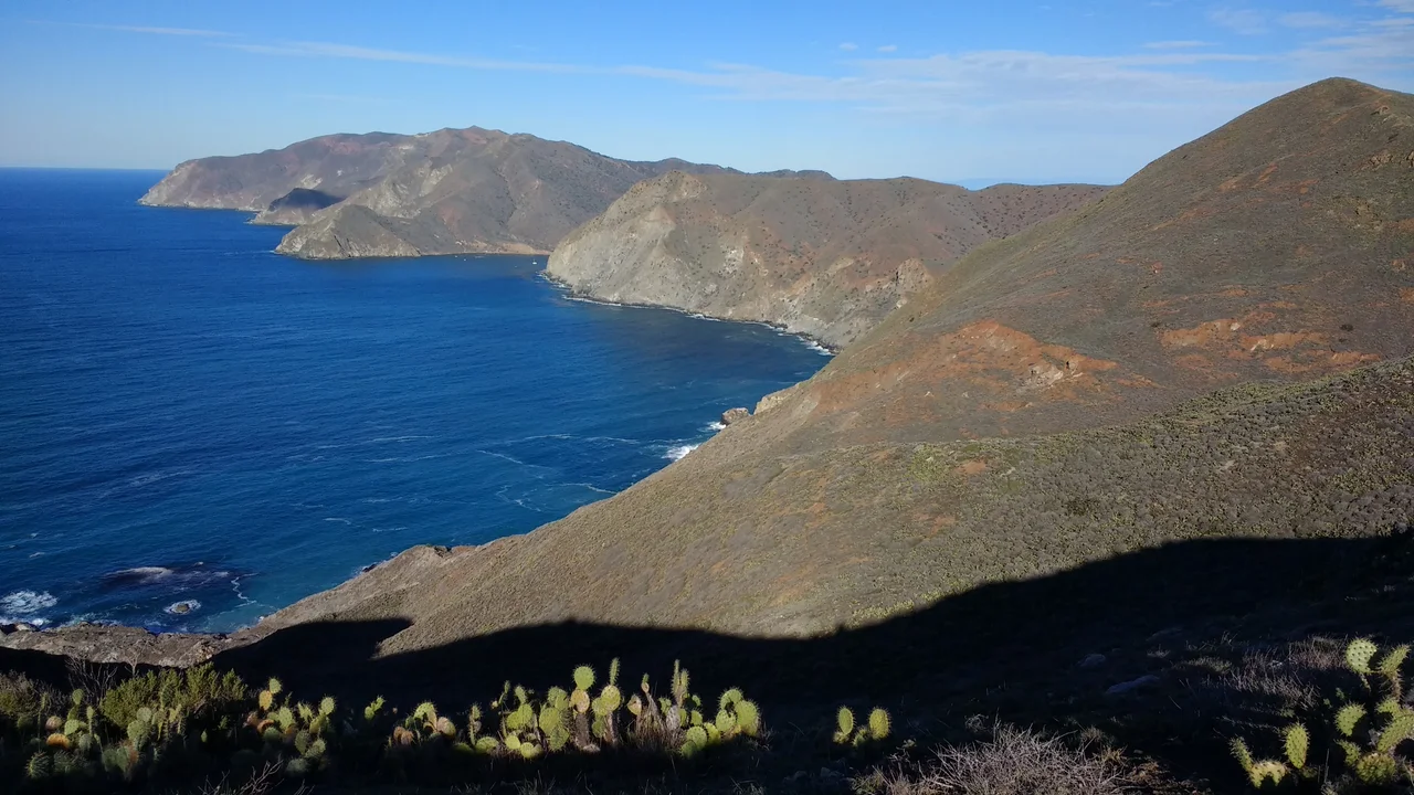 Heading north from Little Harbor you see the Pacific Ocean to the west and the entrance to Catalina Harbor at the apex of blue ocean. If you look closely, you can see a few boats at the harbor entrance.
These lofty heights reminded me of a poem I had seen earlier on the trail at the top of Hermit Gulch Trail.
But when I climb up to my island peak, escape awhile the madding world of strife, I envy not an earthly thing. This life, which sometimes calls, is swept clean of its cares by friendly winds, and once again I smile. Ay, truly, life seems sweet - a thing worthwhile.
Capt Eddie Harrison
Nov 24, 1912 - Oct 10, 1992

Island Peak. (1992). [memorial sign]. Top of Hermit Gulch Trail, Santa Catalina Island: Friends of Capt Eddie Harrison.