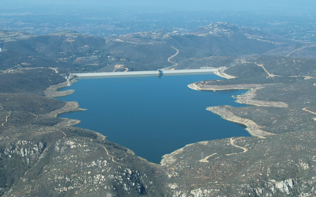 Aerial view of Olivenhain Reservoir and Dam looking toward the southwest. Add attribution: "Phil Konstantin"