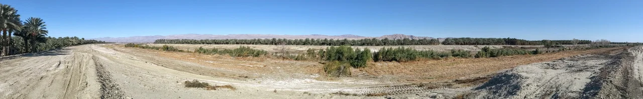 Panoramic view of the Whitewater River near Thermal, California, in the Coachella Valley between Palm Springs and the Salton Sea, in the dry 2020 fall