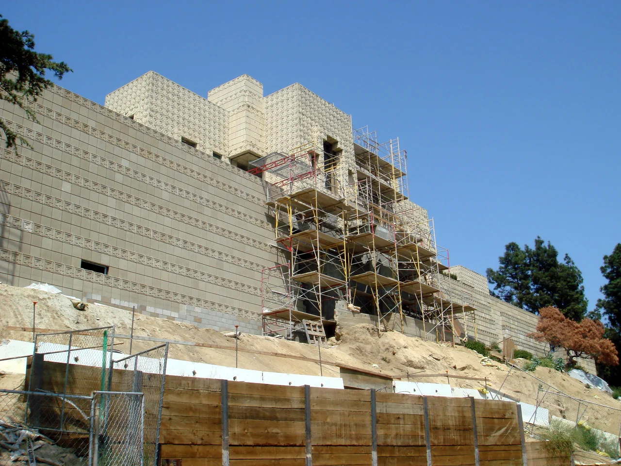 The Ennis House house, by Frank Lloyd Wright, in the hills above Los Angeles, California. The home was significantly damaged by earthquakes and is currently undergoing a multi-million dollar restoration.