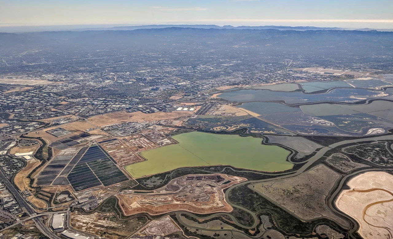 Aerial view of salts ponds (and former salt ponds) near Alviso, San Jose, California