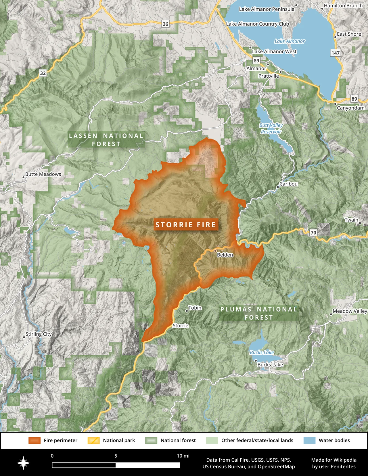 This is a map of the footprint of the 2000 Storrie Fire in California's Plumas County, where the fire burned more than 55,000 acres. This image was made in QGIS using data from the California Department of Forestry and Fire Protection (Cal Fire), the National Hydrography Dataset (NHD), OpenStreetMap, and others.