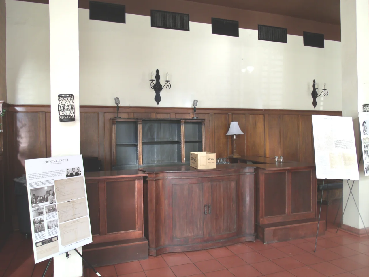 The old lobby of the Hotel Congress which was built in 1919 and is located at 303-311 E. Congress St.  On January 22, 1934, a fire started in the basement of the hotel and spread up the elevator to the third floor. This fire, and the subsequent chain of events, led to the capture of one of the country’s most notorious criminals John Dillinger. It was listed in the National Register of Historic Places in 2003, ref.: #03000906.