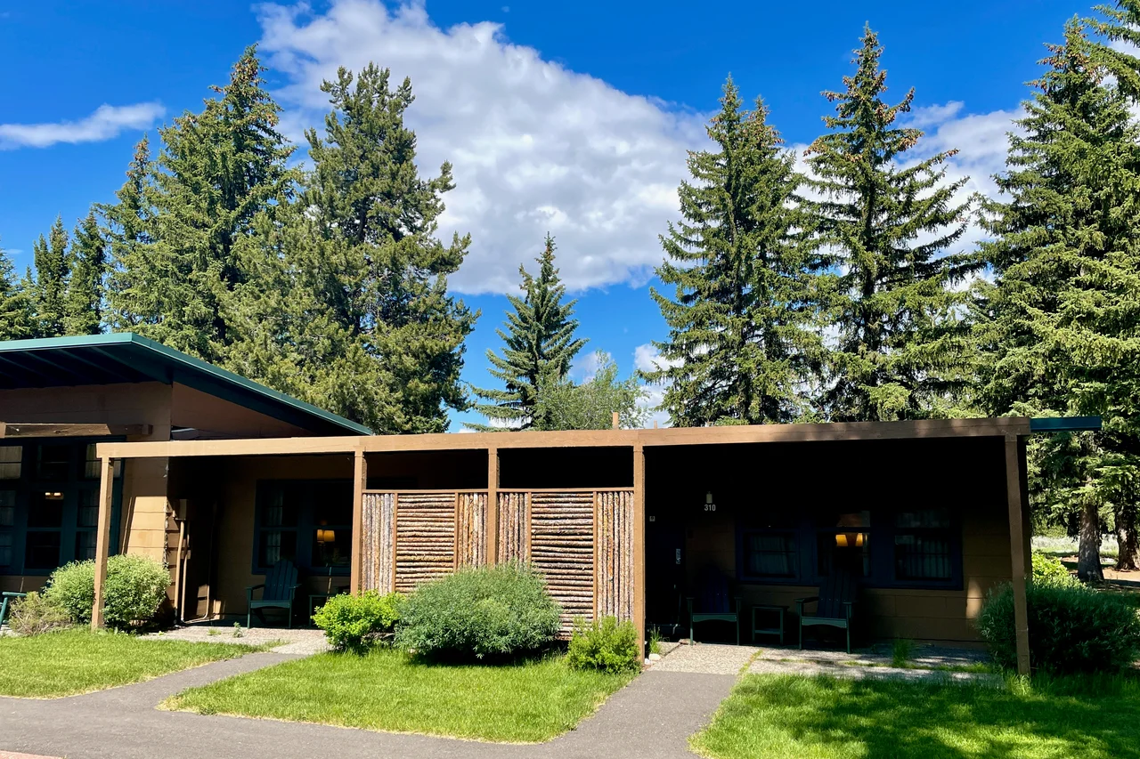 Cottages at Jackson Lake Lodge in the Grand Teton National Park of Wyoming. Contributing properties of the historic district. The landscaping includes the tree plantings.