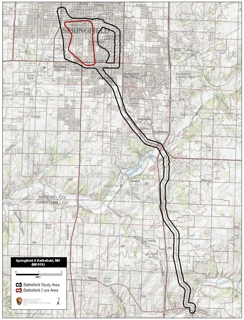 Map of battlefield core and study areas.
The ABPP expanded the 1993 Study Area to include the Confederate approach route from Ozark to Springfield and the Confederate retreat route through the open prairie toward Marshfield (to the point at which the Confederates encamped).
The 1993 Core Area was reduced slightly to more realistically reflect the range of the artillery involved in the battle, and to exclude the area of the Confederate bivouac.