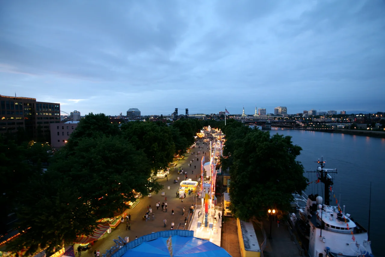 Waterfront Village in Gov. Tom McCall Waterfront Park at the 2007 Portland Rose Festival.  The Willamette River is at right.