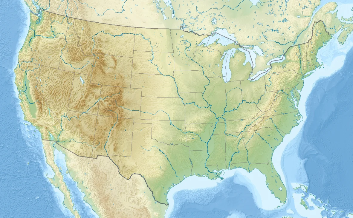 Relief location map of the USA (without Hawaii and Alaska).
EquiDistantConicProjection :
Central  parallel :

* N: 37.0° N

Central meridian :

* E: 96.0° W

Standard parallels:

* 1: 32.0° N
* 2: 42.0° N

Made with Natural Earth. Free vector and raster map data @ naturalearthdata.com.
Formulas for x and y:

x = 50.0 + 124.03149777329222 * ((1.9694462586094064-({{{2}}}* pi / 180))
      * sin(0.6010514667026994 * ({{{3}}} + 96) * pi / 180))
y = 50.0 + 1.6155950752393982 * 124.03149777329222 * 0.02613325650382181
      - 1.6155950752393982  * 124.03149777329222 *
     (1.3236744353715044  - (1.9694462586094064-({{{2}}}* pi / 180)) 
      * cos(0.6010514667026994 * ({{{3}}} + 96) * pi / 180))