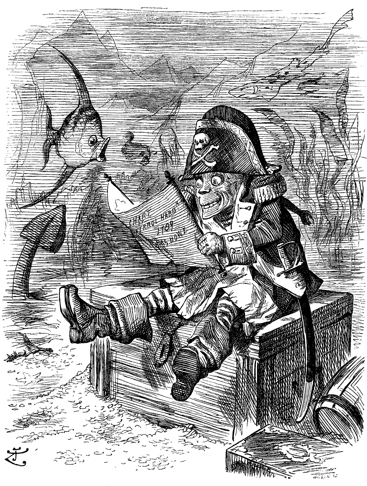 Illustration of Davy Jones sitting on his locker, wearing a pirate captain's uniform,  while viewing a 1789 chart of Ferrol Harbor, Spain, belonging to HMS Howe. The ship had run aground at the mouth of the harbor on 2 November 1892, allegedly after using a poorly prepared naval chart to navigate its waters. A Royal Navy court-martial opened an inquiry into the conduct of Vice Admiral Henry Fairfax, who was charged with negligence for ordering a hazardous course when the ship entered harbor. On 7 January 1893 the court found that the charge against Fairfax was not proven.
"Davy Jones' Locker" is an idiom for the bottom of the sea: the state of death among drowned sailors. It is used as a euphemism for death at sea (to be "sent to Davy Jones's Locker"), whereas the name Davy Jones is a nickname for what would be the devil, saint, or god of the seas. The origins of the name are unclear and many theories have been put forth, including incompetent sailors, a pub owner who kidnapped sailors, or that Davy Jones is another name for the devil—as in "Devil Jonah". This nautical superstition was popularized in the 19th century.
The imprint:


CHART
.mw-parser-output .smallcaps{font-variant:small-caps}of
FERROL HARBR
1789
HMS HOWE


The title and caption (not shown):


"DAVY JONES'S LOCKER."
Davy Jones. "AHA! SO LONG AS THEY STICK TO THEM OLD CHARTS, NO FEAR O' MY LOCKER BEIN' EMPTY!!"


The accompanying text feature (not shown):


"DAVY JONES'S LOCKER."
Davy Jones, loquitur:—



"Fifteen men on the dead man's chest. Hey! ho! and a bottle of rum!"
Faith, that's a chorus I can rattle off with zest. Gratefully it clatters upon Davy's tym-pa-num,
Like a devil's tattoo from Death's drum! Fi! Fo! Fum! These be very parlous times for old legends of the sea.
Vanderdecken is taboo'd, the Sea Sarpint is pooh-pooh'd, but 'tis plain as any pikestaff they can't disestablish Me!
Daddy Neptune may delight in the Island trim and tight, where his sea-dogs breed and fight, as in days of yore,
When old Charlie Dibdin's fancy piped free songs of Jack and Nancy, of Jolly Salts at sea, and Old Tarry-Breeks ashore;
But if Britons rule the waves, as the grog-fired sailor raves, when he dreams of glorious graves in the deep dark main,
Daddy Neptune must allow Davy shares his empire now, or the Sultan and the Howe have gone down in vain.



Daddy Neptune loves me not. Plumped by storm or by shot, my Locker held a lot in the days gone by,
But 'tis daily growing fuller. Is the British Tar off colour, are the sea-dogs slower, duller, though as game to die?
Has Science spoilt their skill, that their iron pots so fill my old Locker? How I thrill at the lumbering crash,
When a-crunch upon a rock, with a thundering Titan shock, goes some shapeless metal block, to immortal smash?



Oh! it's real, rasping fun! Mighty hull, monster gun, all are mine ere all's done; and the millions madly spent
On a lollopping wolloping kettle, with ten thousand tons of metal sink as the Titans settle, turtle-turned, or wrenched and rent,
To my rocks and my ooze. I seem little like to lose by the "Progress" some abuse, and the many crack up.
Ah! Neptune, sour old lad, Davy Jones may well look glad at the modern Iron-clad, and thank Armstrong and Krupp!



Science and Salvage? Fudge! If I am any judge, my sea-depths and salt sludge will not lose by them.
Nep calls me callous mocker, but, according to my Cocker, I may laugh, with a full Locker, whilst the fools condemn.
Think of daring the blue brine with a chart of the Eighty-Nine, and "a regular goldmine" in one huge black hulk!
Whilst the lubbers stick to that, I shall flourish and grow fat like a shark or ocean-rat, though old Nep may sulk.



Demon-Sexton of the Deep! Ha! ha! Ho! ho! I keep my old office. Wives may weep, and the taxpayers moan;
Let the grumblers make appeal to King Science! Lords of Steel, Iron Chieftains, do ye feel when your victims groan?
Davy Jones is well content with that tribute ye have sent, with the millions ye have spent just to glut his gorge;
He had seldom such a fill in the days of wood—and skill—constant sea-fights, or the spill of the Royal George.



Good old false last-century Chart! Though the conning may be smart, and the steersman play his part, Palinurus-like,
Whilst they trust to your vain vellum, which is almost sure to sell 'em, even Davy Jones can tell 'em, they may sink or strike.
Hooray, King Death, hooray! Who says we've had our day! Pass the rum and let's be gay. Not that "dead man's chest,"
Robert Louis grimly sings, like my "Locker Chorus" rings—mingling weirdly wedded things—grisly doom and jest!