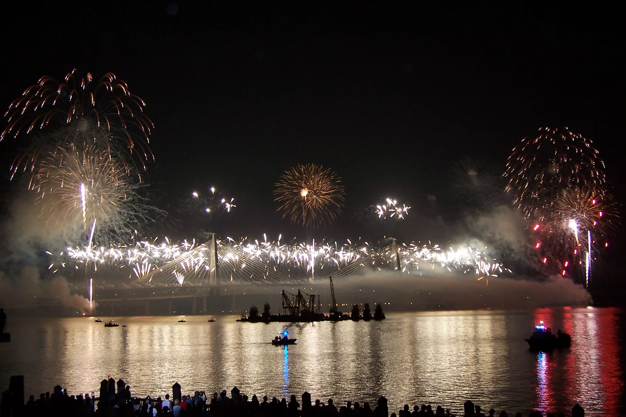 The fireworks display that preceded the opening of the Arthur Ravenel Bridge in Charleston, SC, USA, in July 2005.  The bridge links the cities of Charleston and Mt. Pleasant that are separated by the Cooper River.