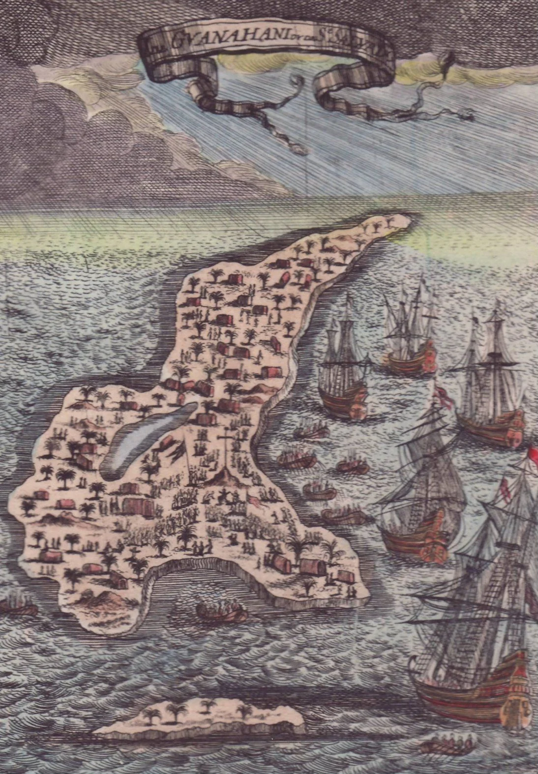 Scanned in from Mallet's five-volume world atlas.  This page shows the islet of Guanahani, which is part of San Salvador, the first landfall island of Columbus in 1492.