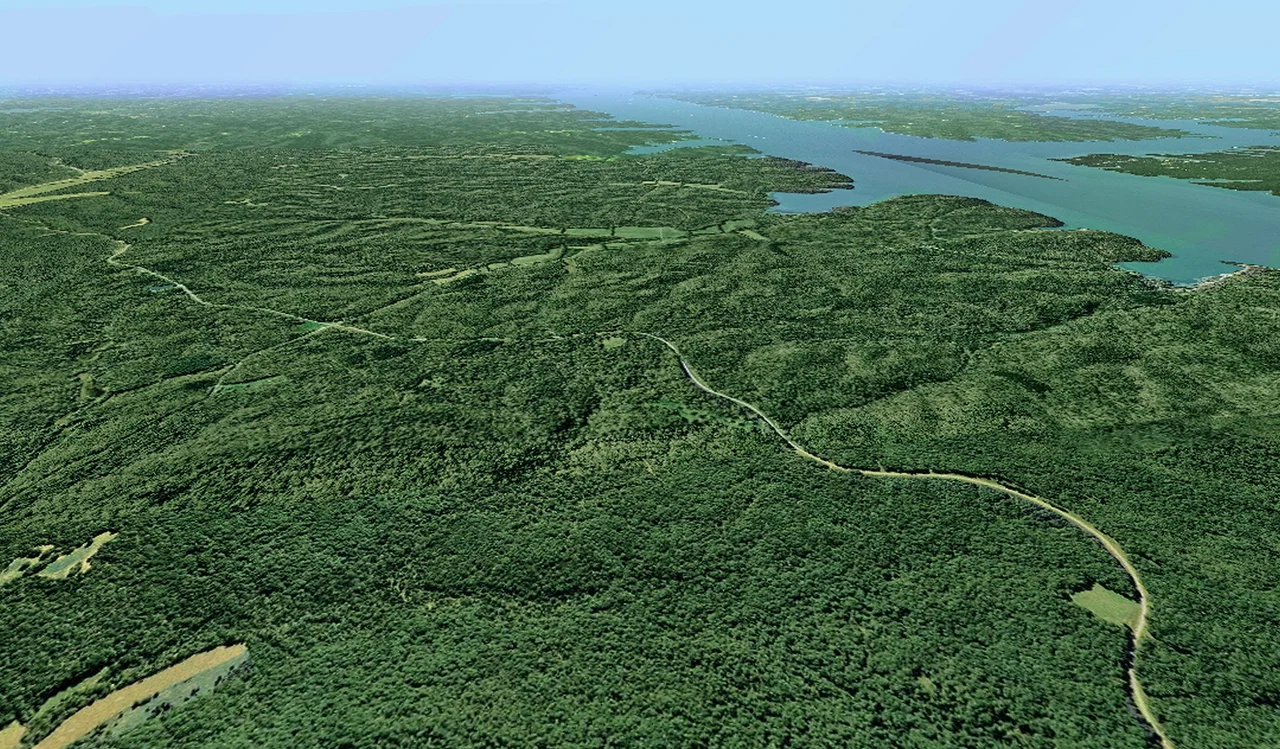 Scope and content:  The original finding aid described this photograph as:
Original Caption: An aerial view of a vast green landscape highlights the Woodlands Trace byway as it winds its way through the forested peninsula called Land Between The Lakes National Recreation Area.
Location: (36.901° N 88.088° W)

Status: Public domain.