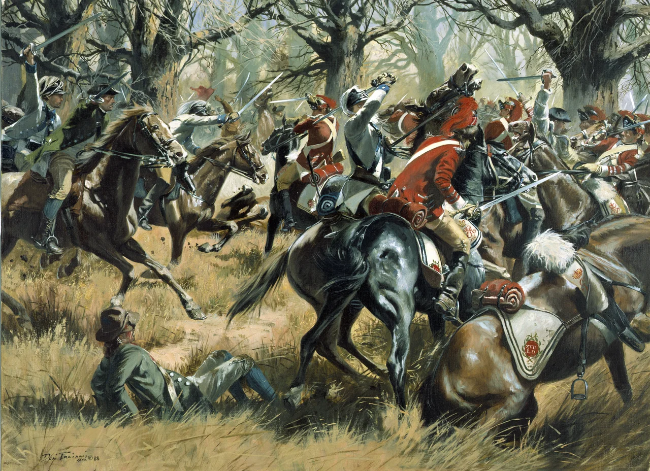 The Battle of Cowpens by Don Troiani for the states of South Carolina, North Carolina, Virginia, Maryland and Delaware, 1781. Note: The Cowpens, South Carolina, January 17, 1781 -- In upland South Carolina, at a place where local farmers penned their cows, an American force of 300 Continentals and 700 militia from North and South Carolina, Virginia, and Georgia, won a brillant victory against the British.  On January 16, Brigadier General Daniel Morgan, pursued by 1,100 British under Lieutenant Colonel Banastre Tarleton, carefully picked his ground for a defensive battle.  That night, Morgan personally went among the Continentals and militiamen to explain his plan of battle.  Morgan wanted two good volleys from the militia, who would then be free to ride away.  The next day, the battle went very much as Morgan had planned.  Georgia and North Carolina sharpshooters, in front of the main body of American militia, picked off British cavalrymen as they rode up the slight rise toward the Americans.  Then the deadly fire of the main body of South and North Carolina militia forced Tarleton to commit his reserves.  Seeing the militia withdrawing as planned, the 17th Light Dragoons pursued, but were driven off by Morgan's cavalry.  Meanwhile, the British infantry, who assumed that the Americans were fleeing, were hit by the main body of Continentals, Virginia militiamen, and a company of Georgians.  At the battle's end they were aided by militia troops, who, instead of riding away as planned, attacked the 71st Highlanders, who were attempting to fight their way out of the American trap.  The British  lost: 100 killed including 39 officers, 229 wounded, and 600 captured.  As they fled the field, Tarleton and his dragoons were pursued by Colonel William Washington's cavalry, which included mounted Georgia and South Carolina militiamen.  The Continentals who fought at Cowpens are perpetuated today by the 175th Infantry, Maryland ARNG, and the 198th Signal Battalion, Delaware ARNG, and the Virginia militia by the 116th Infantry, Virginia ARNG.  The heritage of the rest of the American troops who fought in this greatest tactical victory ever won on American soil is carried on today by the Georgia, South Carolina and North Carolina Army National Guards.