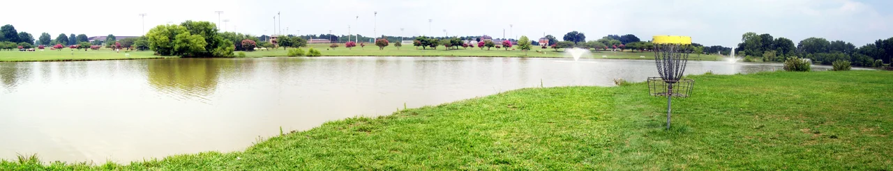 Panoramic photograph of the disc golf courses at Winthrop University.  This is basket #17 on both the Lakefront and Gold courses.