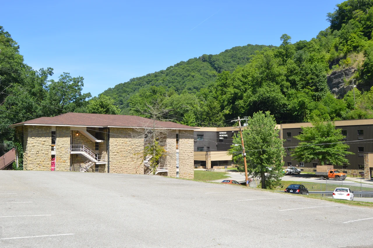 Buildings on the campus of Alice Lloyd College in Pippa Passes, Kentucky, United States.  Photo is taken at the western end (?) of the campus, from a parking lot along Spruce Pine Road (Kentucky Route 1697).