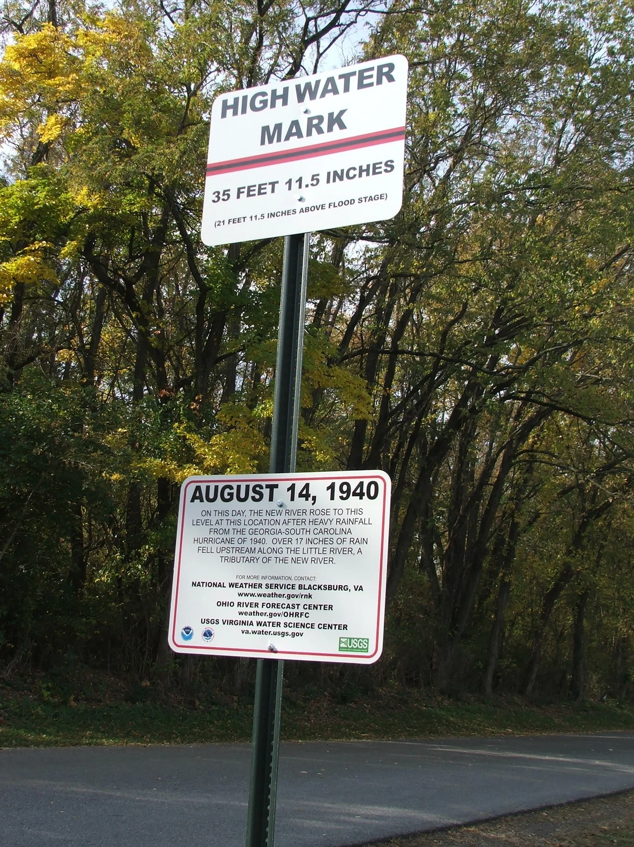 High Water Mark (HWM) sign in Bisset Park, Radford, Virginia donated by hydrometeorologist Anthony Phillips which marks the highest crest of the New River at Radford back in August of 1940.