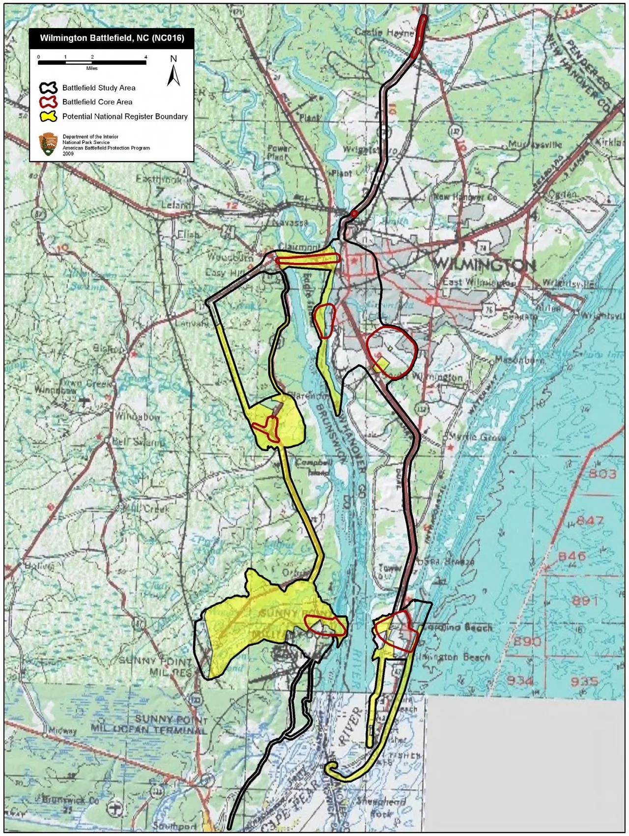 Map of battlefield core and study areas.
The ABPP made substantial changes to the 1993 battlefield boundaries. Core Areas were added to reflect fighting on the western battlefield and the intense skirmishing that took place along the Confederate line of retreat.

The Study Area was expanded to accommodate the new Core Areas and to reflect all areas of military operation associated with the battle, especially the Federal army’s advance up the west side of the Cape Fear River.