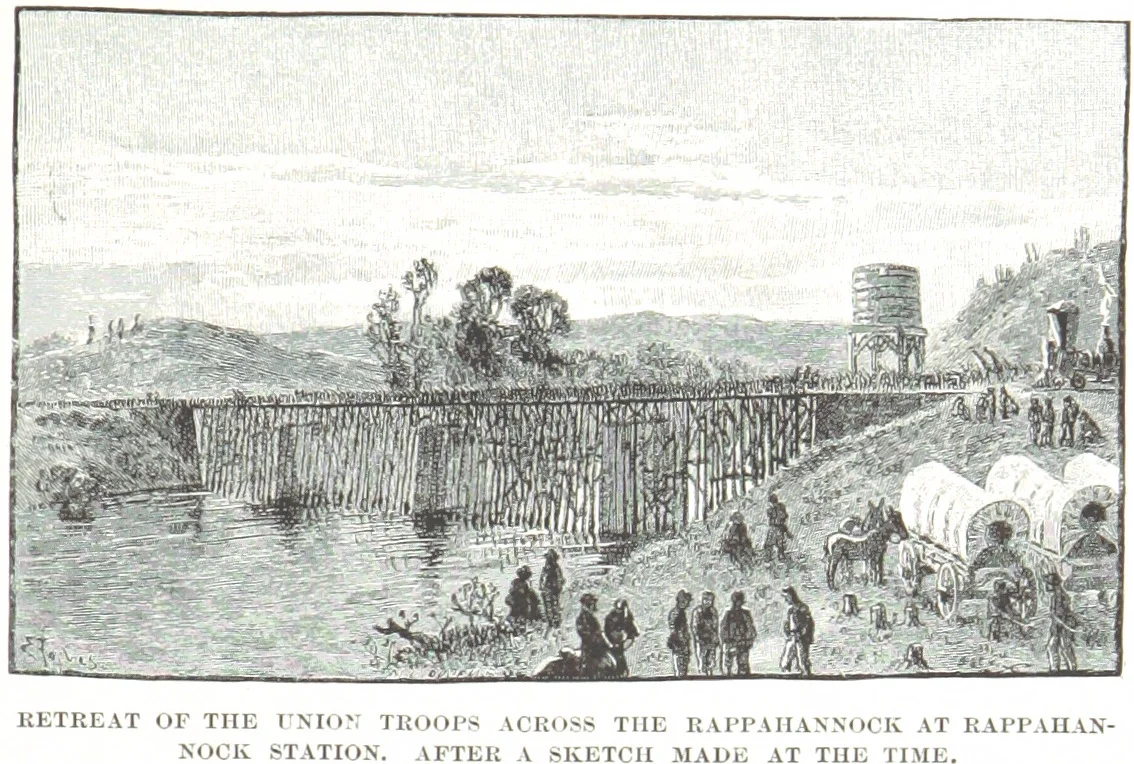 Union forces retreat after the First Battle of Rappahannock Station.