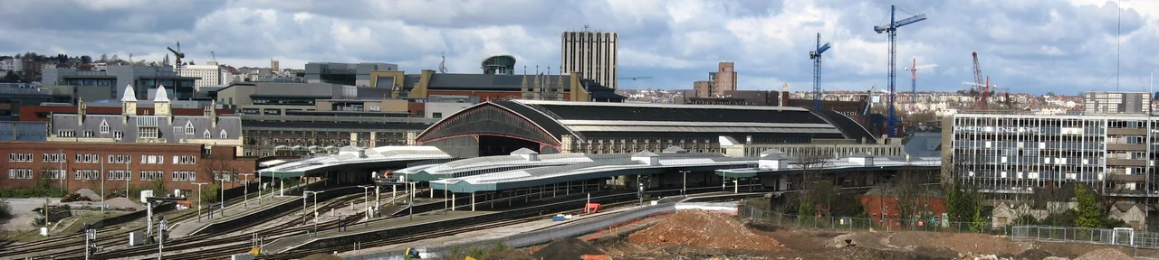 Bristol Temple Meads railway station, exterior view from south (from small hill between Bath Road and River Avon), over the site of the demolished Bristol Bath Road traction maintenance depot.