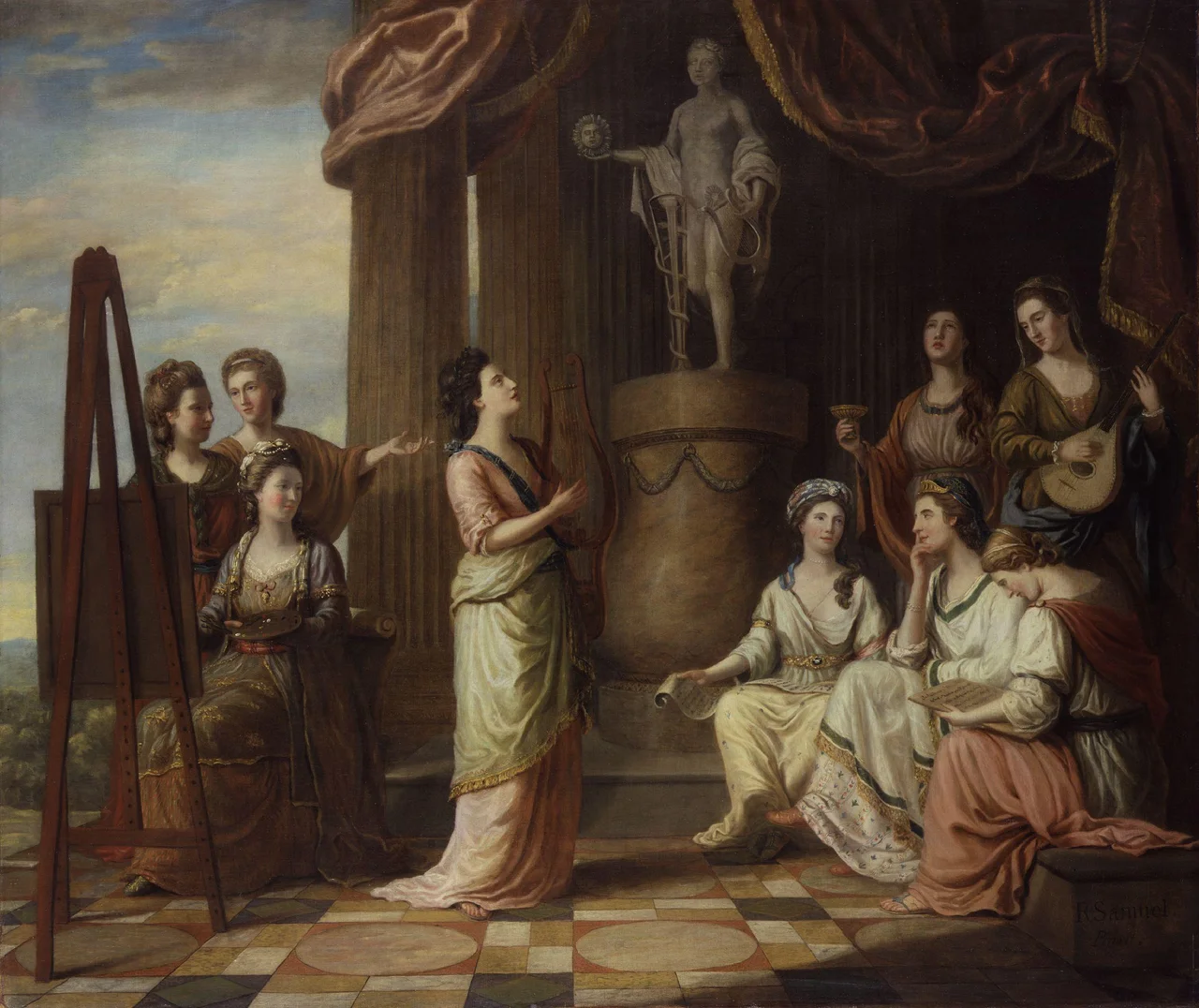 Left to right, standing: Elizabeth Carter, Anna Barbauld, Elizabeth Sheridan (née Linley), Hannah More and Charlotte Lennox. 

Left to right, seated: Angelica Kauffman, Catharine Macaulay, Elizabeth Montagu and Elizabeth Griffith
