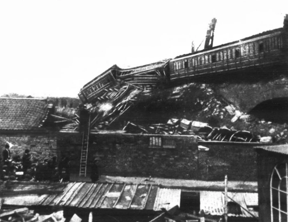 The wreck of the Scotch Express: Where part of the train went over the embankment.