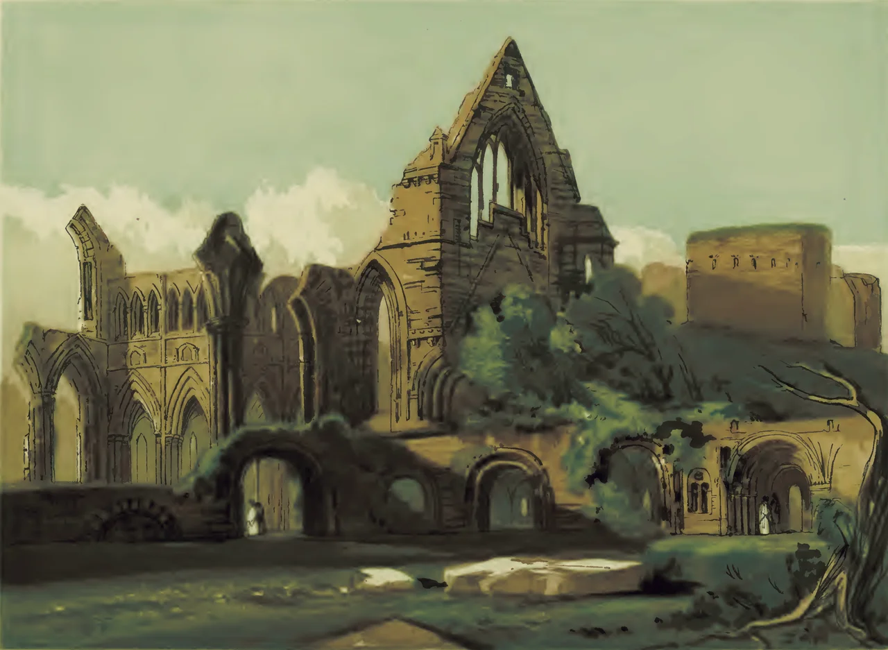 Dryburgh abbey before 1860, from Old England : a pictorial museum of regal, ecclesiastical, municipal, baronial, and popular antiquities (1860?), Charles Knight 1791-1873. After page 202.