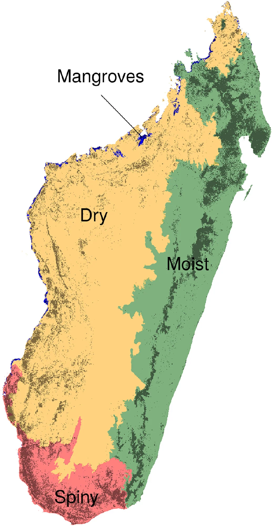 Ecoregions and forest types in Madagascar
Madagascar can be divided into four climatic ecoregions with four forest types: the moist forest in the East (green), the dry forest in the West (orange), the spiny forest in the South (red), and the mangroves on the West coast (blue). Ecoregions were defined following climatic (Cornet, 1974) and vegetation (Ministère de l’Environnement, 1996) criteria. The dark grey areas represent the remaining natural forest cover for the year 2014. Forest types are defined on the basis of their belonging to one of the four ecoregions.
Cornet A. (1974) "Essai De Cartographie Bioclimatique à Madagascar", Tech. Rep, Orstom.
Ministère de l’Environnement (1996) "IEFN: Inventaire Ecologique Forestier National",
Tech. Rep., Ministère De l’Environnement De Madagascar, Direction Des Eaux Et Forêts, DFS Deutsch Forest Service GmbH, Entreprise d’études de développement rural “Mamokatra”, FTM