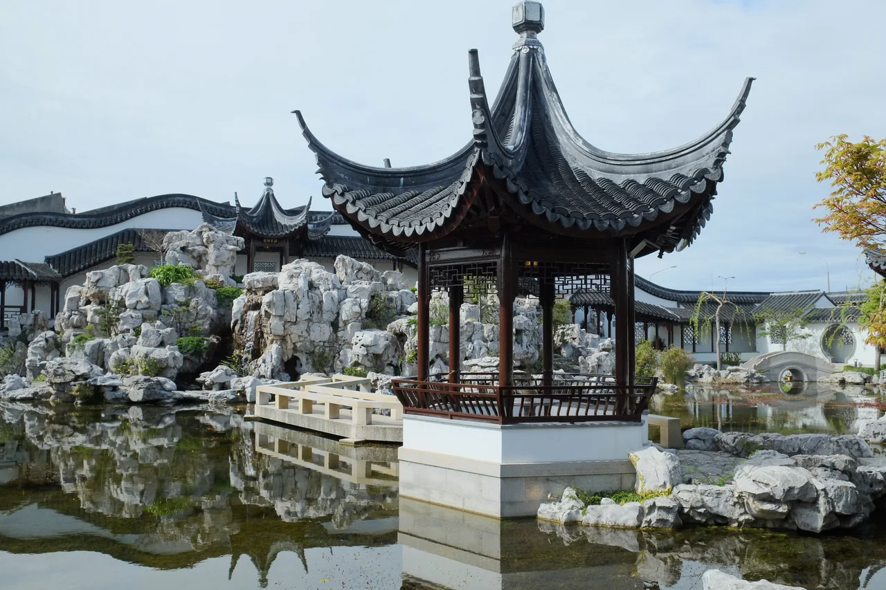 Heart of the Lake Pavilion and rock mountain in Dunedin Chinese Garden