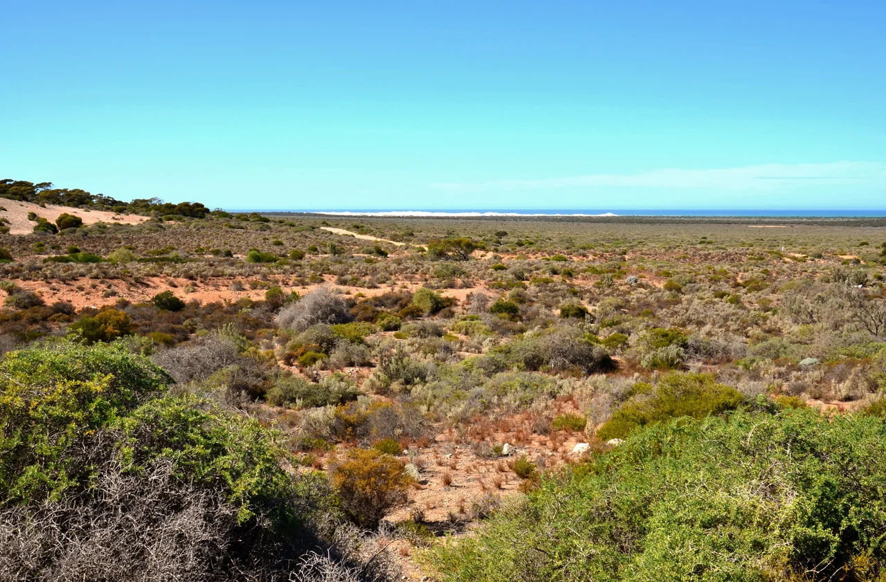 View of the Roe Plains from the Eucla Pass, Eucla, Western Australia.   In the centre of the image is the Eyre Highway.
