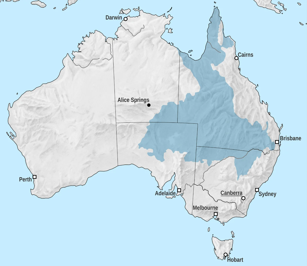 Map of the Great Artesian Basin in Australia.
Map projection: Lambert conformal conic, standard latitudes 18°S and 36°S, centred on 136°E and 24°S

Map extents: -2200km to 2000km east-west, -3000km to 900km north-south