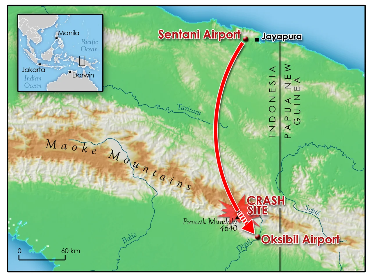 Map of Trigana Air 267 crash site in Papua, Indonesia