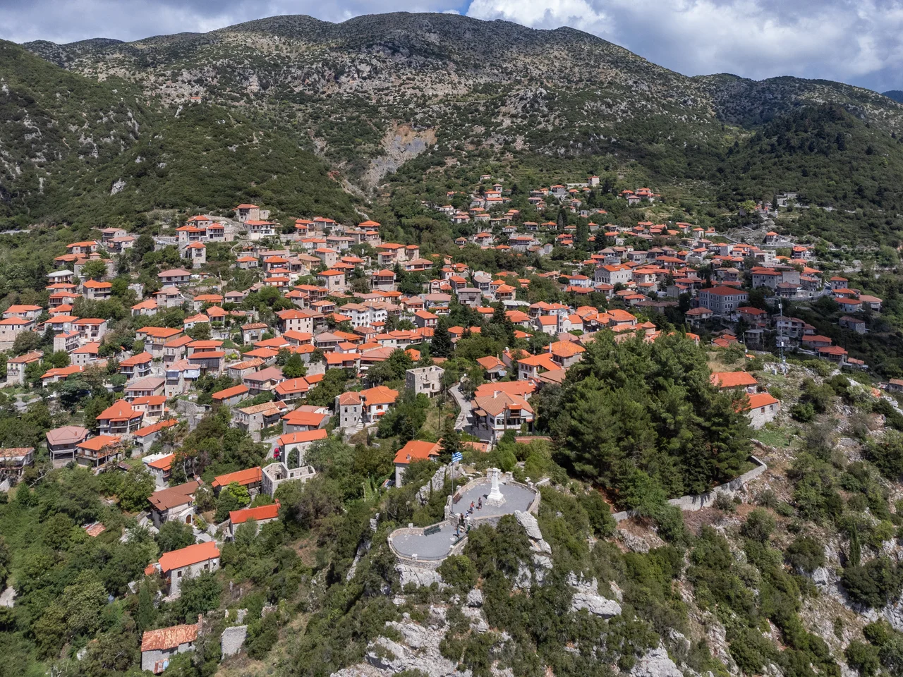 Aerial view of Stemnitsa, with the so called Castle in the foreground, where lies the Heroon.