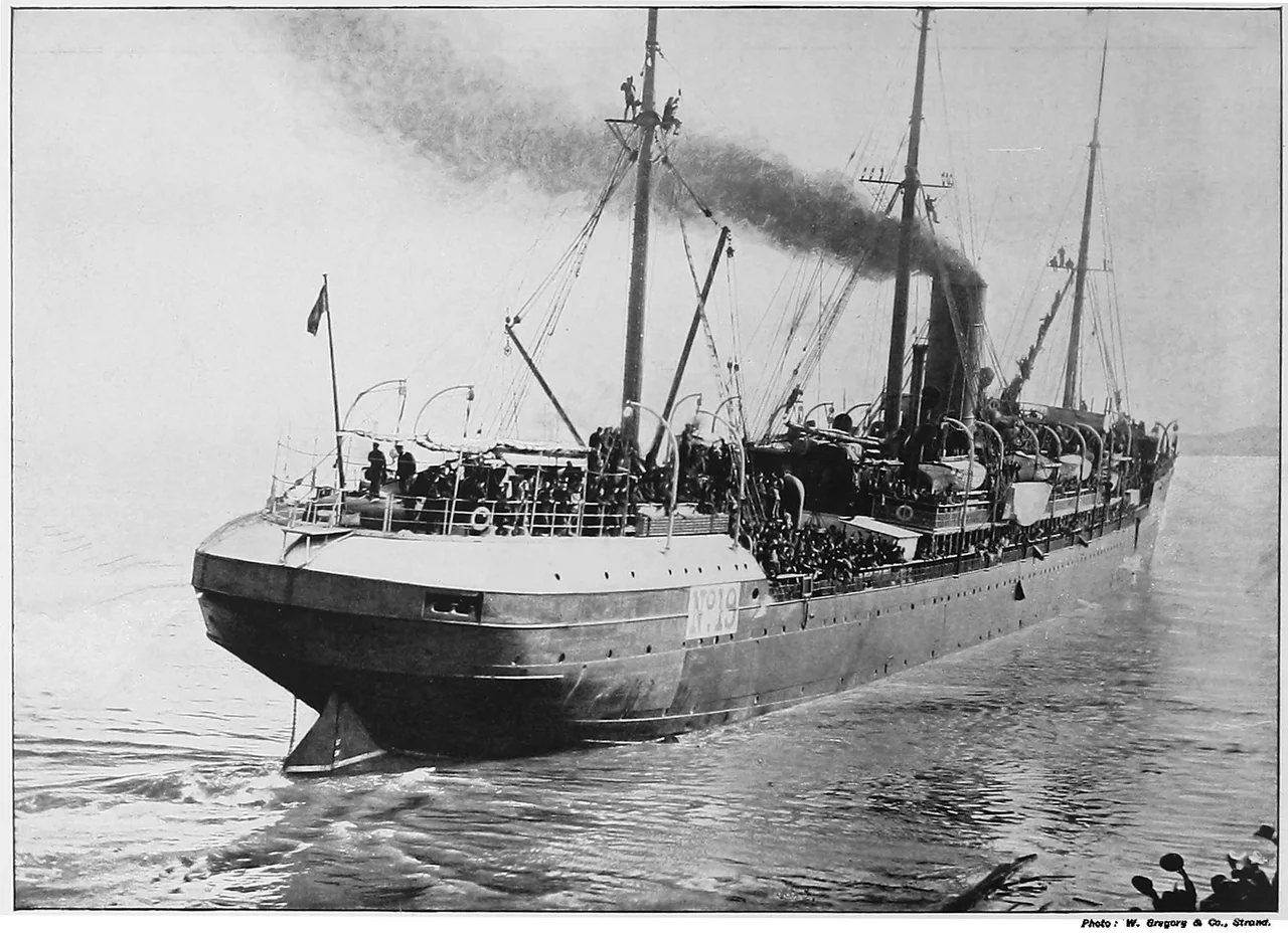 THE DEPARTURE OF THE S.S. CEPHALONIA FROM SOUTHAMPTON FOR THE CAPE.
"Shuttles of an Empire's loom." Mr. Kipling has somewhere styled the countless steamers and trading vessels that ply between all the distant regions of Greater Britain. The sight of this crowded transport—one of the liners requisitioned by Government for service during the war—-recalls at once the suggestive image. How busily have the shuttles come and gone month after month in this section of the web. carrying to Cape Town. 6,000 miles away, the unending khaki thread by which South Africa is surely, but all too slowly, being woven together into the Imperial design !