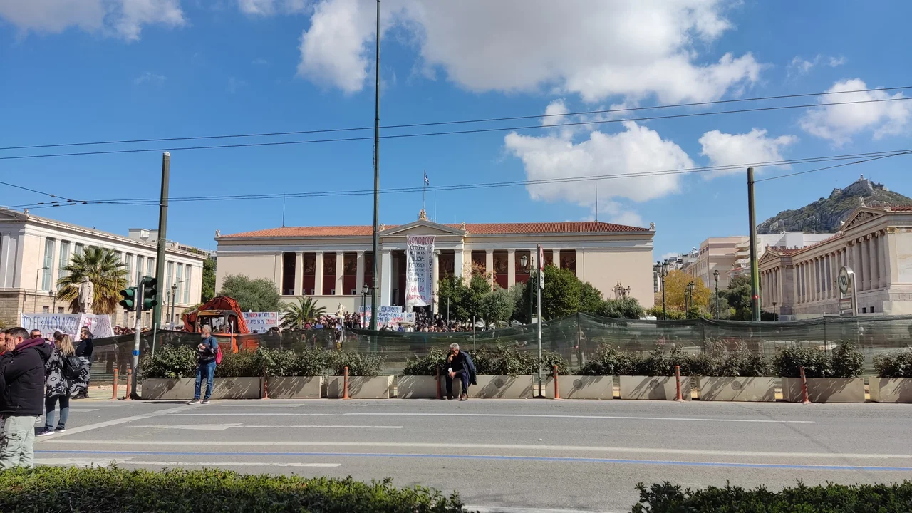 The central building of Athens University under occupation during the national strike of 8 March 2023, as a consequence of the Tempi rail crash.