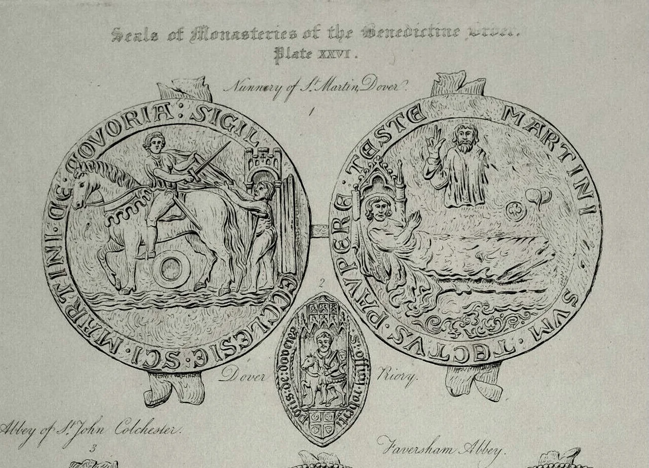 Engravings of seals of St Martin's Priory and Nunnery at Dover, Kent, England. The engraver is John Coney, architectural draughtsman and etcher.
Note: the titles along the bottom of the image do not refer to the seals in the picture (the bottom section of the picture has been cut off).
