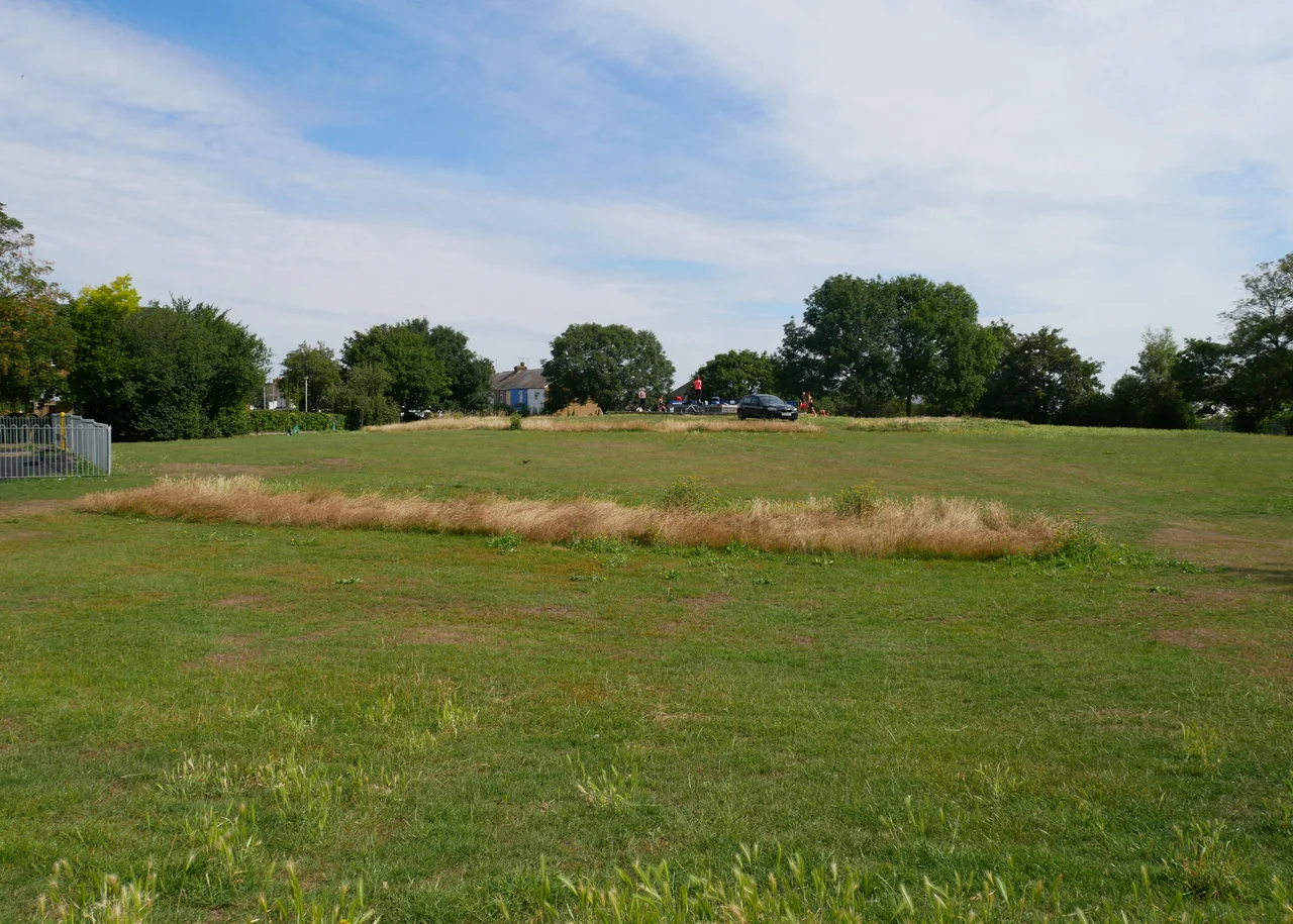 The mound which survives from the medieval Queenborough Castle in Queenborough, Isle of Sheppey, Kent. This photograph is taken from the south of the archaeological feature, looking north.