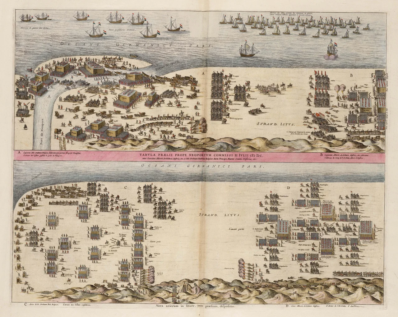 Battle at Nieuwpoort, 1600. Two phases of the battle depicted.