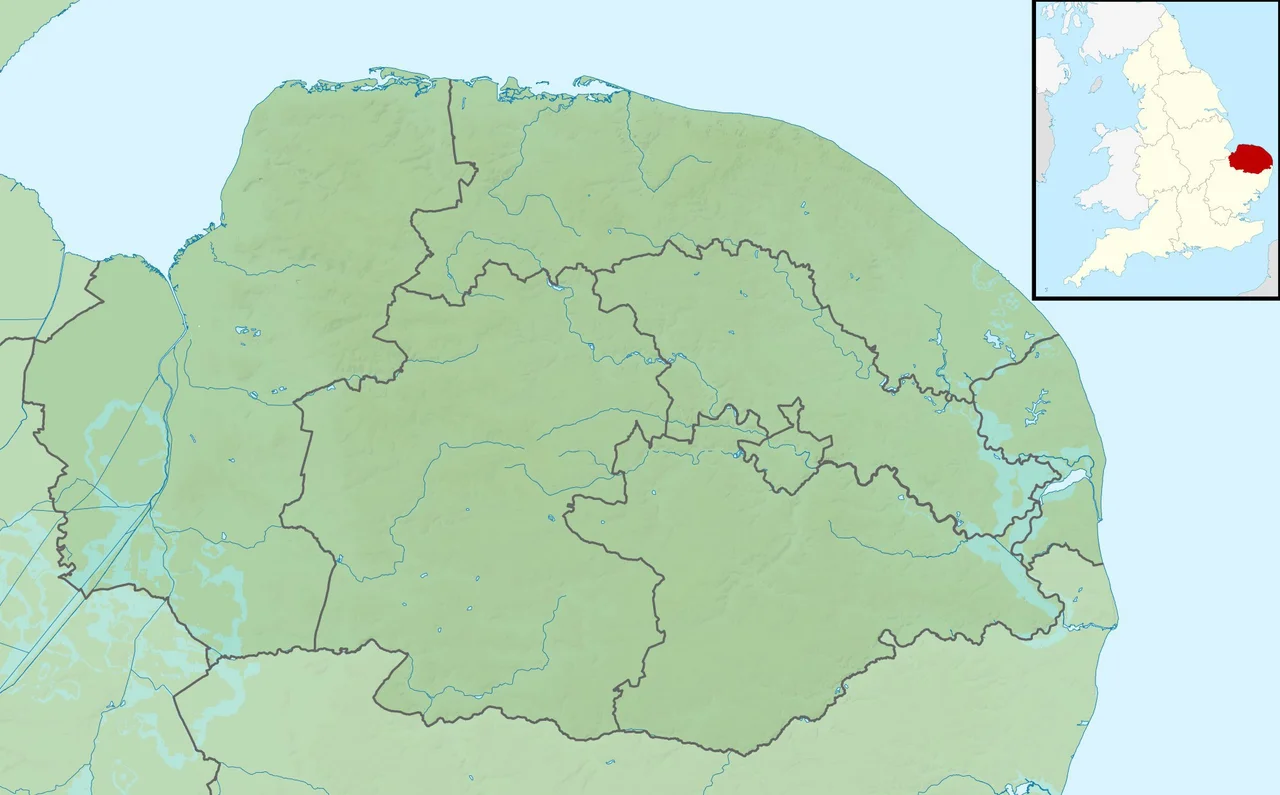 Relief map of Norfolk, UK.
Equirectangular map projection on WGS 84 datum, with N/S stretched 160%
Geographic limits:

West: 0.12E
East: 2.00E
North: 53.05N
South: 52.32N