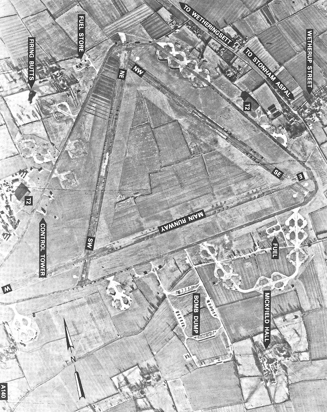Aerial photograph of Mendlesham Airfield, England.