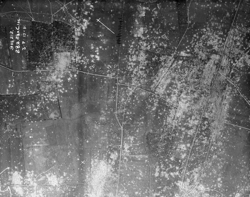 Aerial reconnaissance photo of Pilckem Ridge, just prior to the Battle of Pilckem Ridge.
Imperial War Museum description: Plotting reference: 28B 6bd 28C 1ac Key feature: Crossroads West of Pilckem