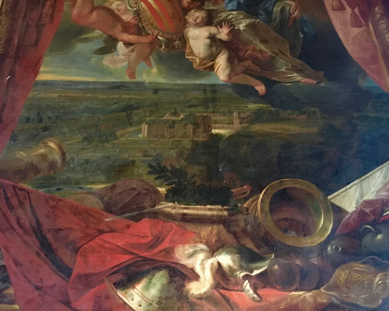 A representation of the Castle of Westerlo (de Merode) and its grounds in the beginning of the 18th century. Detail of a tapestry cartoon by Jan van Orley (1665-1735) made for Field Marshalle Jean-Philippe-Eugene de Mérode representing his belongings with personifications of the virtues. Collection Prince de Merode, castle of Westerlo