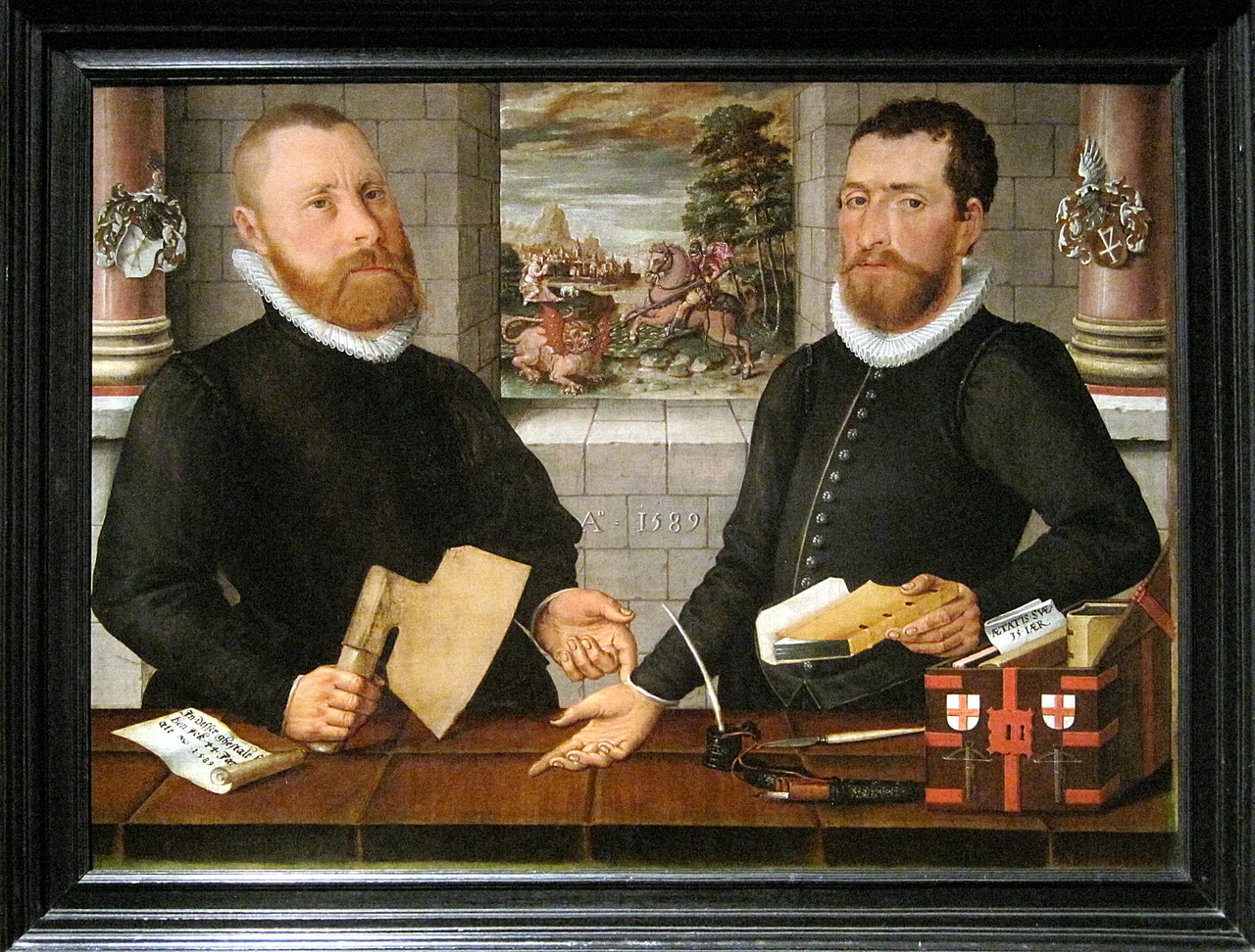 « Portrait de deux membres de la guilde de Saint Georges », huile sur toile (87 x 122 cm), réalisée en 1589 par un peintre anonyme, conservée au Westfries Museum à Hoorn (Pays-Bas). - Photographie réalisée lors de l’exposition «L’homme le dragon et la mort » au Musée des Arts contemporains (MAC’s) à Hornu (Belgique).