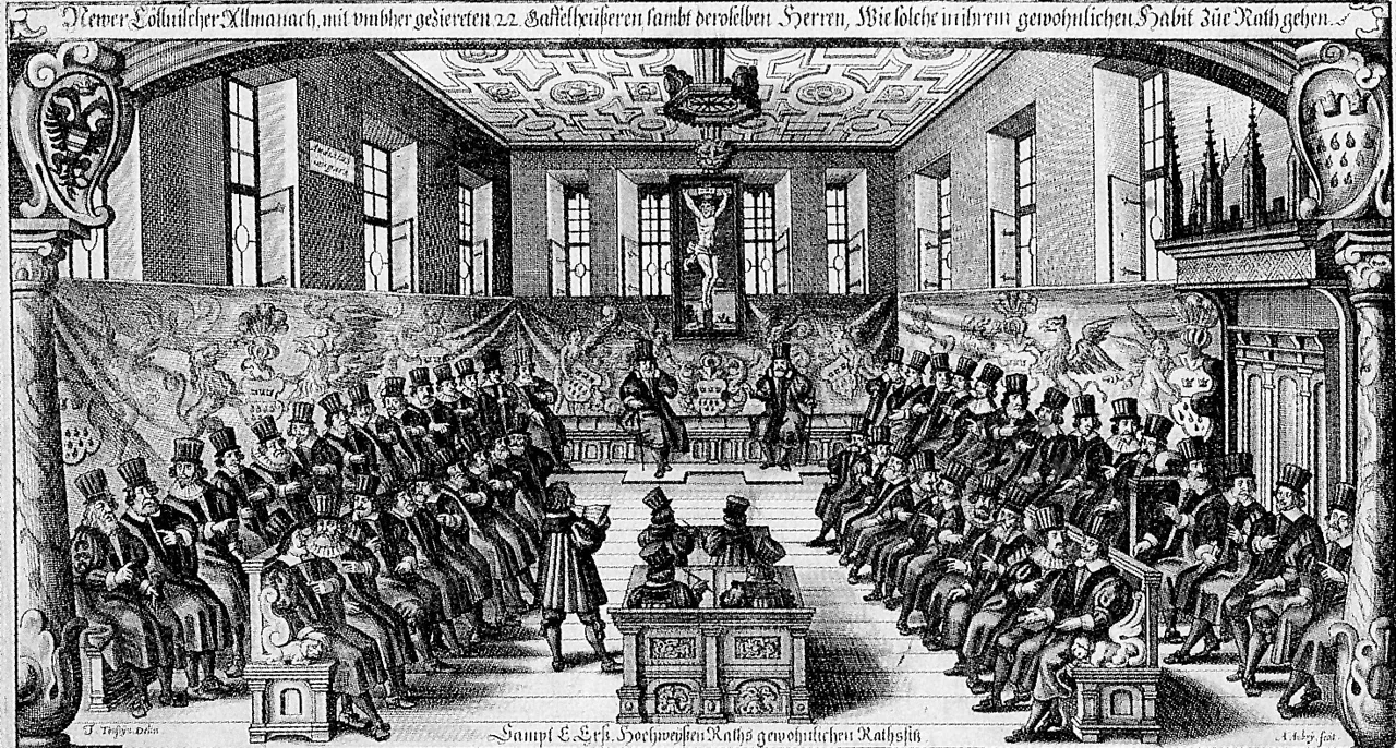 Session of the Cologne Senate in the senate room at the Rathaus. Engraving after a drawing by Johann Toussyn dated 1655.