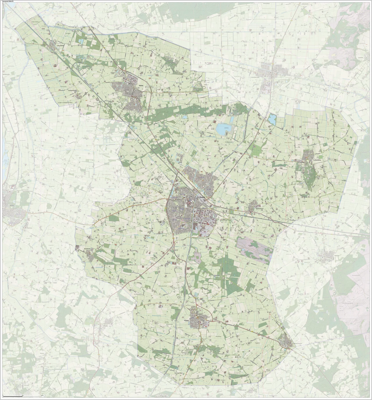 Topografische gemeentekaart. Resolutie: 400 pixels/km.
Kaartbeeld samengesteld uit de open geodata van de Top10NL en Top25namen (Kadaster), Creative Commons-BY licentie. Gebouwvlakken uit open geodata BAG extract. Wegen uit de OpenStreetMap, OpenStreetMap community. Reliëfschaduw uit de Actuele Hoogtekaart AHN2.

Samenstelling en kleurenschema: Jan-Willem van Aalst, met QGIS. Zie ook de Legenda.