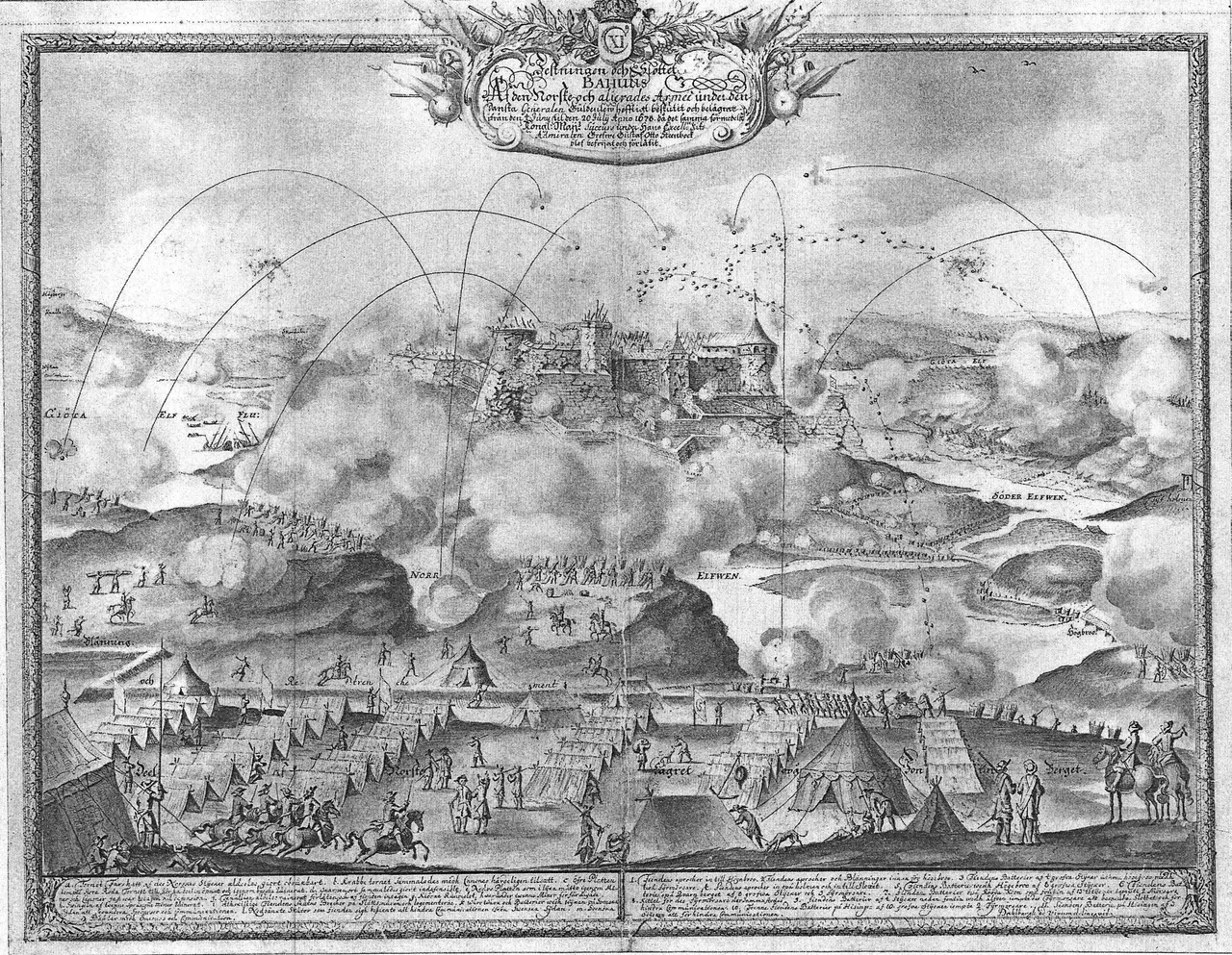 The Norwegian-Danish siege of the fortress Bohus in Sweden at 1678. 
Drawing by the Swedish field marshal Erik Dahlberg