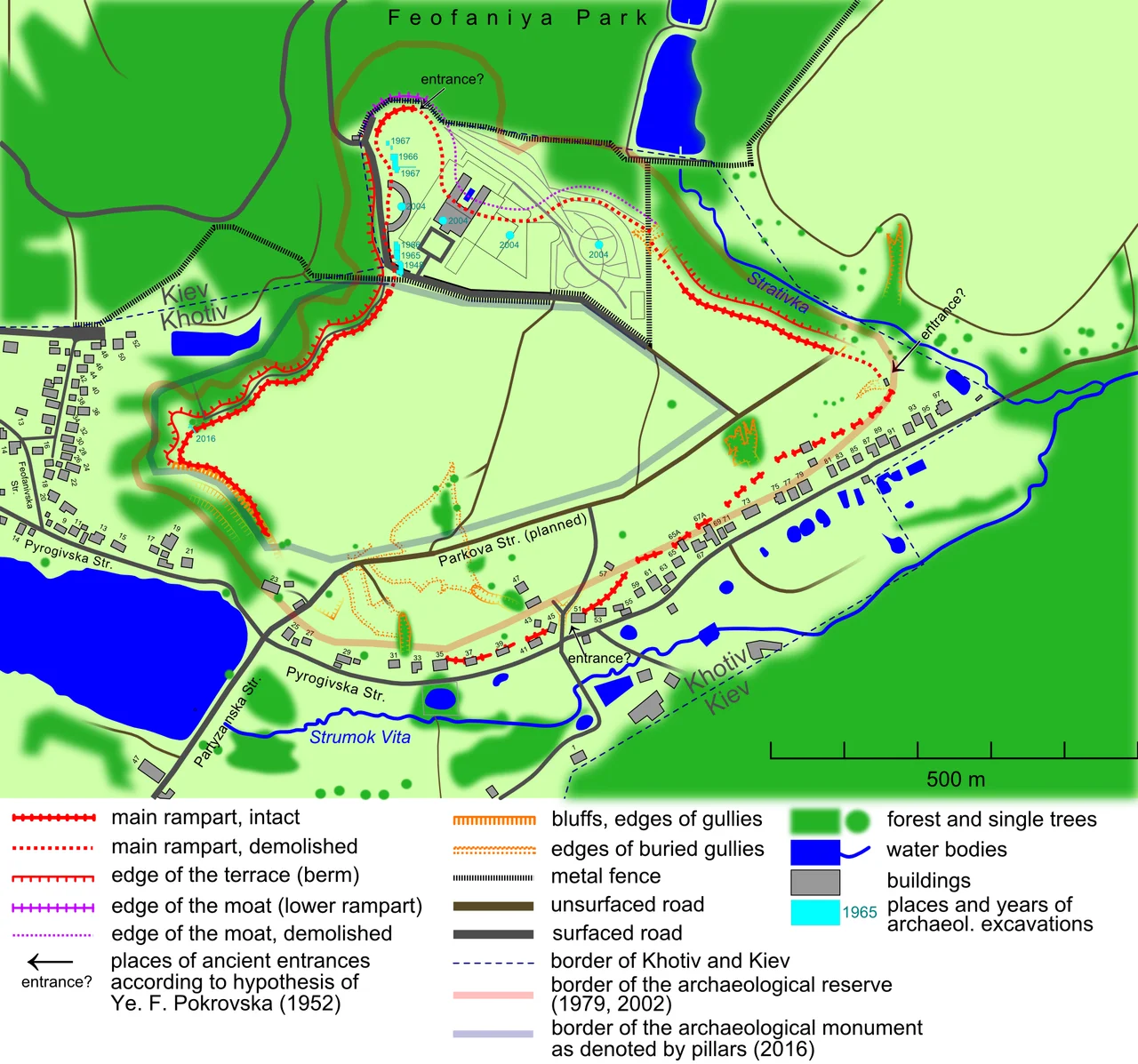 Khotiv hillfort of Scythian times. Ukraine, Khotiv village in Kiev-Sviatoshyn Raion of Kiev oblast.
Fortifications existing in 2017, as well as demolished in 21st century, are shown. Location of the rampart is given according to Дараган М., Орлюк М., Роменець А., Бондар К. Інтерпретація даних високоточної магнітної зйомки в складі археологічної ГІС (на прикладі Хотівського городища скіфської доби). 15th EAGE International Conference on Geoinformatics - Theoretical and Applied Aspects. 10-13 May 2016, Kiev, Ukraine (for another version, see Покровська Є.Ф. Хотівське городище // Археологічні пам’ятки УРСР. — 1952. — Т. 4. — С. 13.). Possible places of ancient entrances are given according to Ye. F. Pokrovska, head of the first archaeological excavations of the hillfort (Покровська Є.Ф. Хотівське городище // Археологічні пам’ятки УРСР. — 1952. — Т. 4. — С. 13., schematic plan by Pokrovska and a satellite view). Places of archaeological excavations are shown according to:
1. Петровська Є. О. Ранньоскіфські пам’ятки на південній околиці Києва / В кн.: Археологія. — К.: Наукова думка, 1970. — Т. XXIV. — С. 131.
2. Дараган М., Орлюк М., Роменець А., Бондар К. Інтерпретація даних високоточної магнітної зйомки в складі археологічної ГІС (на прикладі Хотівського городища скіфської доби). 15th EAGE International Conference on Geoinformatics - Theoretical and Applied Aspects. 10-13 May 2016, Kiev, Ukraine.

Probe holes are not shown. Borders of the archaeological reserve "Khotiv hillfort in the borders of fortifications of Scythian times" (Instruction of Kiev City State administration dated from 17.05.2002 - розпорядження КМДА від 17.05.2002 р. № 979 "Про внесення доповнень до рішень виконкому Київської міської ради народних депутатів від 16.07.1979 р. № 920 «Про уточнення меж історико-культурних заповідників і зон охорони пам'яток історії та культури в м. Київ») are shown according to Євсюков Т., Опенько І. Моніторинг особливо цінних земель із застосуванням технологій ДЗЗ та ГІС // Вісник Львівського національного аграрного університету. Сер : Економіка АПК. - 2013. - № 20(2). - С. 5. Border of Khotiv and Kiev is shown according to Khotiv master plan.