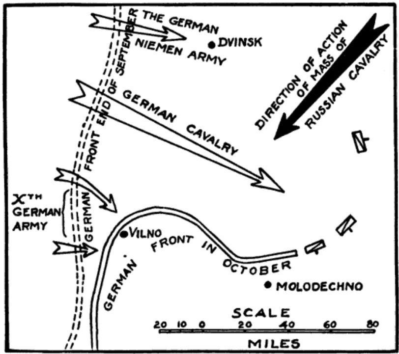 Map of the German Calvary's attempted enveloping attack on the Russian right flank between Vilno and Divinsk in September 2015 on the Eastern front during World War I.