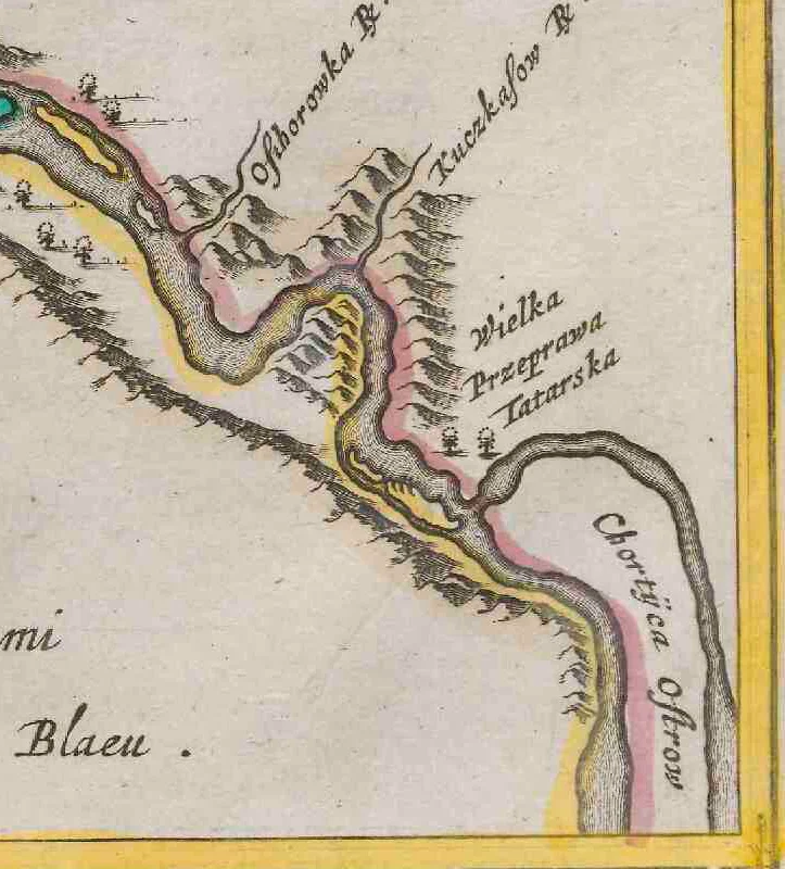 Khortytsia Island (Chortyca Ostrow, Хортиця острів) in the Atlas Maior in Dutch by Joan Blaeu (1664).