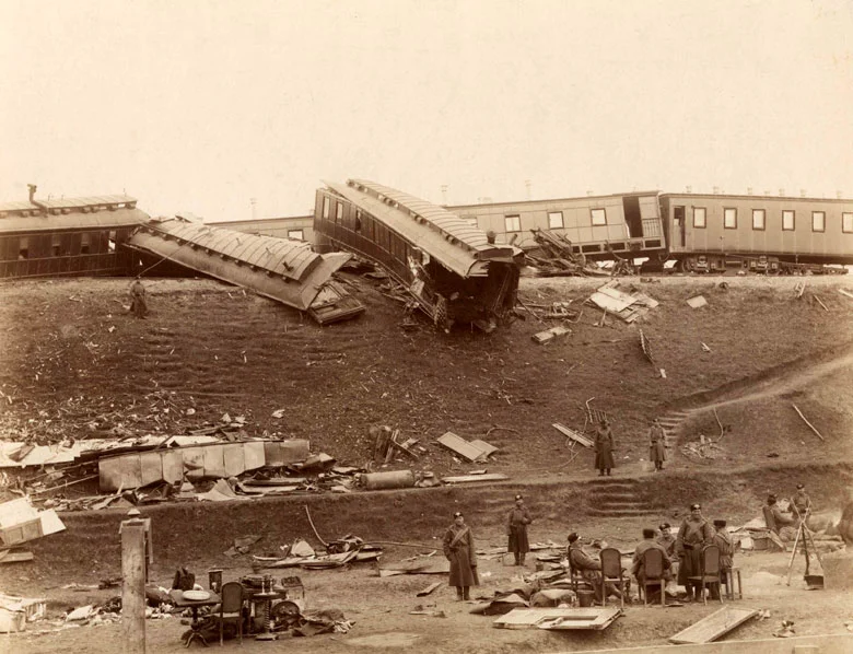 Russian imperial train accident at 17 october 1888. Crushed dining room and grand-ducal car.